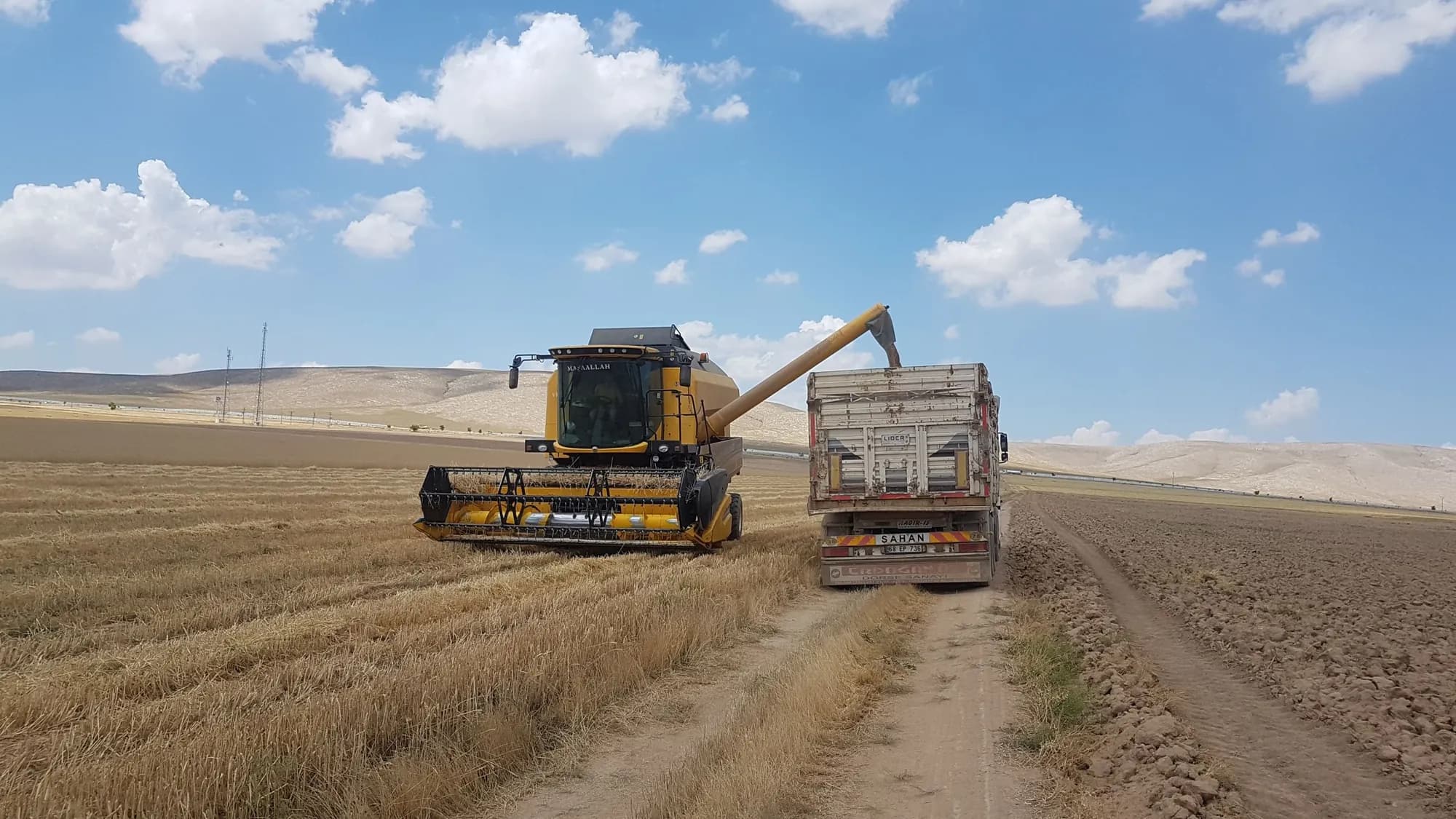Combine harvester unloading grain into a truck in a field